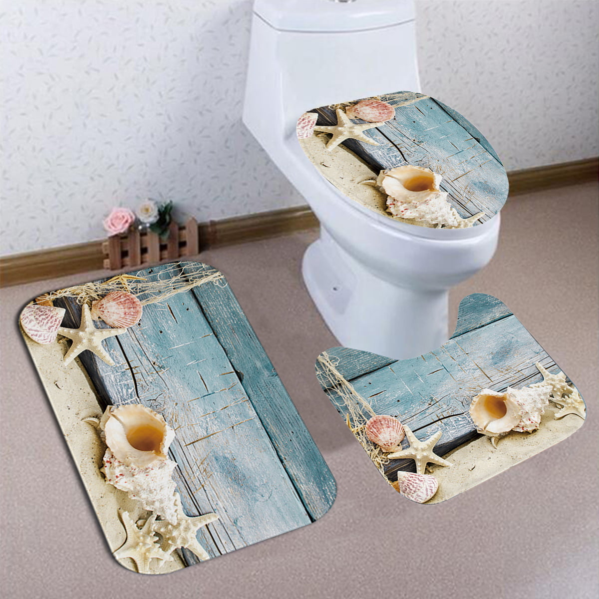 Marble Pattern Bathroom Set Non-Slip Rug Lid Toilet Cover Mat 3pcs Decoration