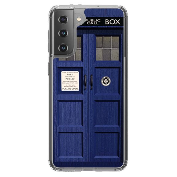 DistinctInk Clear Shockproof Hybrid Case for Galaxy S21  PLUS 5G (6.7" Screen) - TPU Bumper, Acrylic Back, Tempered Glass Screen Protector - London Police Call Box TARDIS