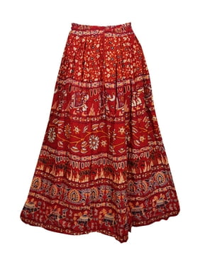 Mogul Womens Jungle Love Elephant Print Long Skirt A-Line Gypsy Boho Hippie Handmade Red Cotton Summer Skirts