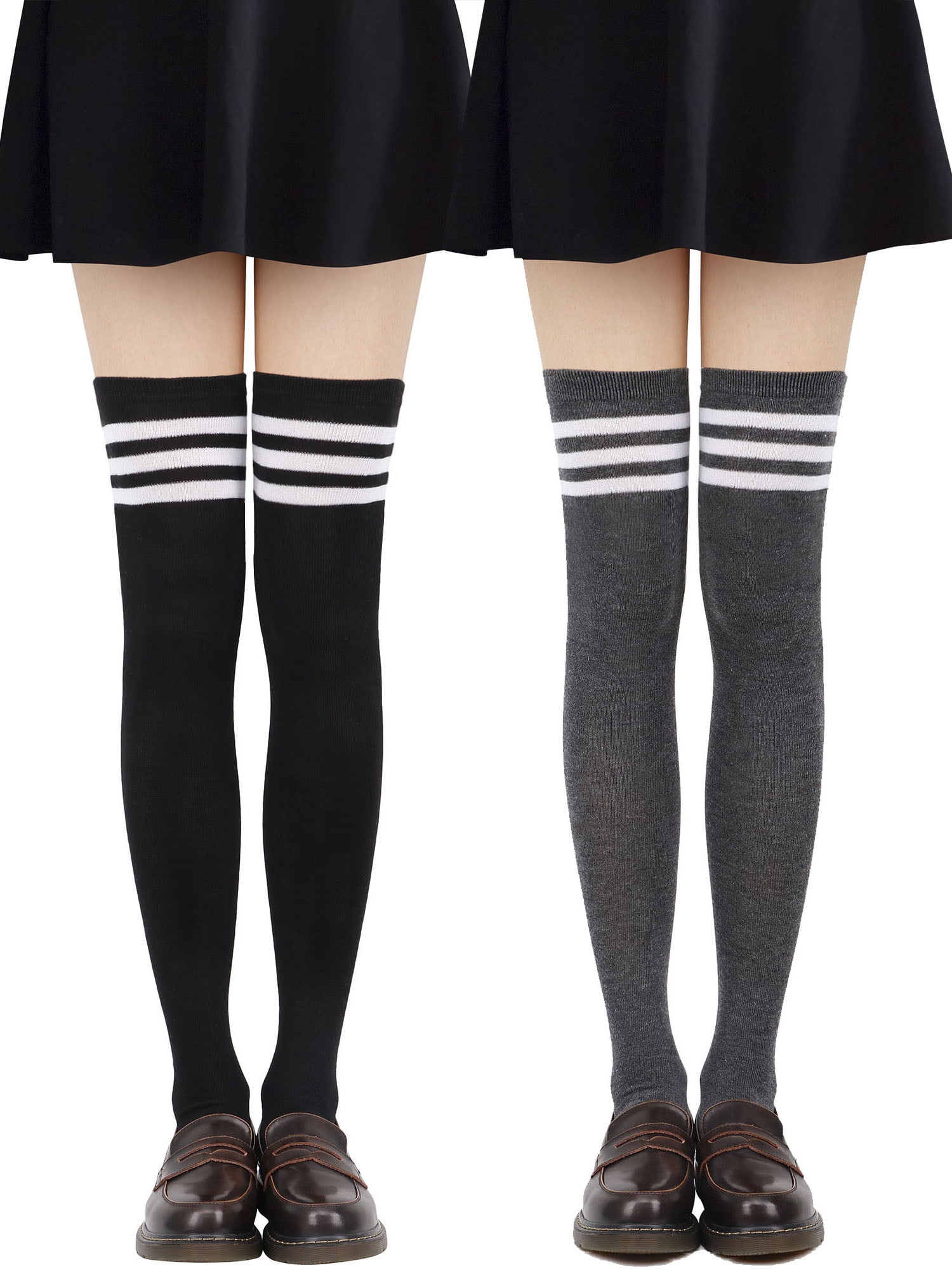 Tube Socks Women's Retro Striped Trim Long Knee High Socks Stockings,BK