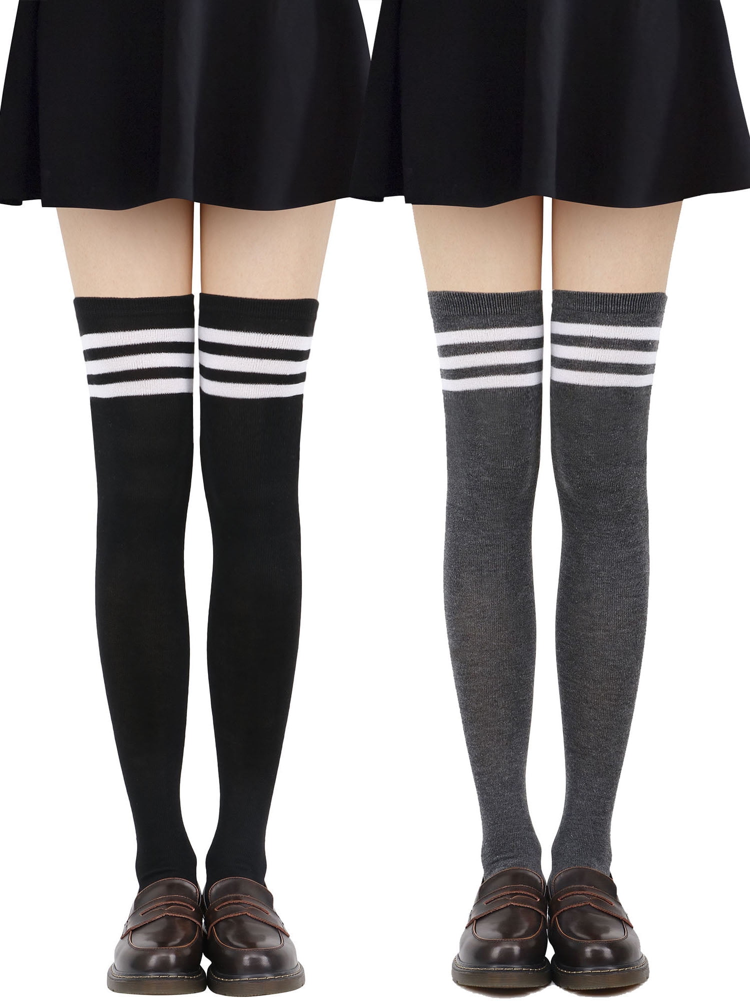 Tube Socks Womens Retro Striped Trim Long Knee High Socks Stockingsbk Whgy Wh 