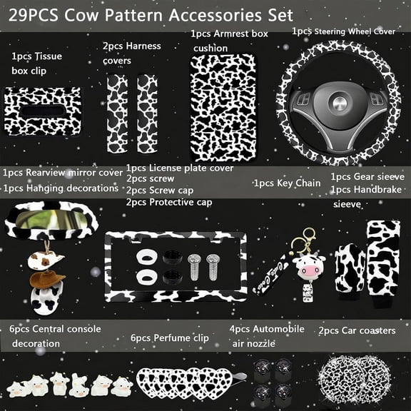 29 PCS Cow Pattern Car Accessories,Including Dashboard Decoration,Rearview Mirror Decoration,Etc,Suitable for Sedans,SUVS and Other Models,Cute Car Interior Sets Suitable for Women (Black)