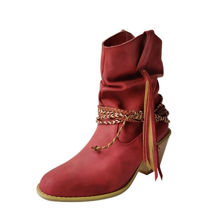 

Fesfesfes Boots for Teen Girls Winter Solid Color Vintage Tassel Tied Sleeve Heel 6(37)