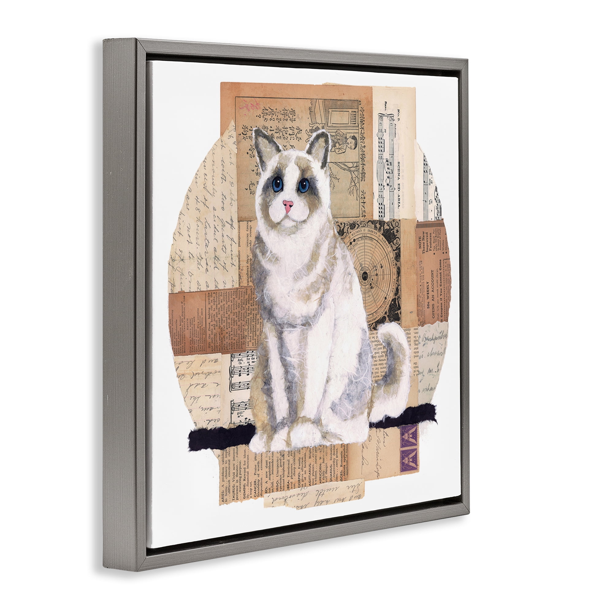 Stupell Industries Vintage Collage Cat Animals & Insects Painting Gray Floater Framed Canvas Art Print Wall Art, 18 x 18