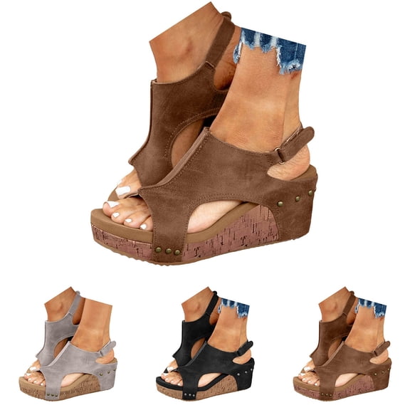 Modisza Women's Platform Wedge Sandals Cork Footwear Comfortable Open Toe Shoes Ladies Summer Buckles Closure Suede Slide Sandal Black 6