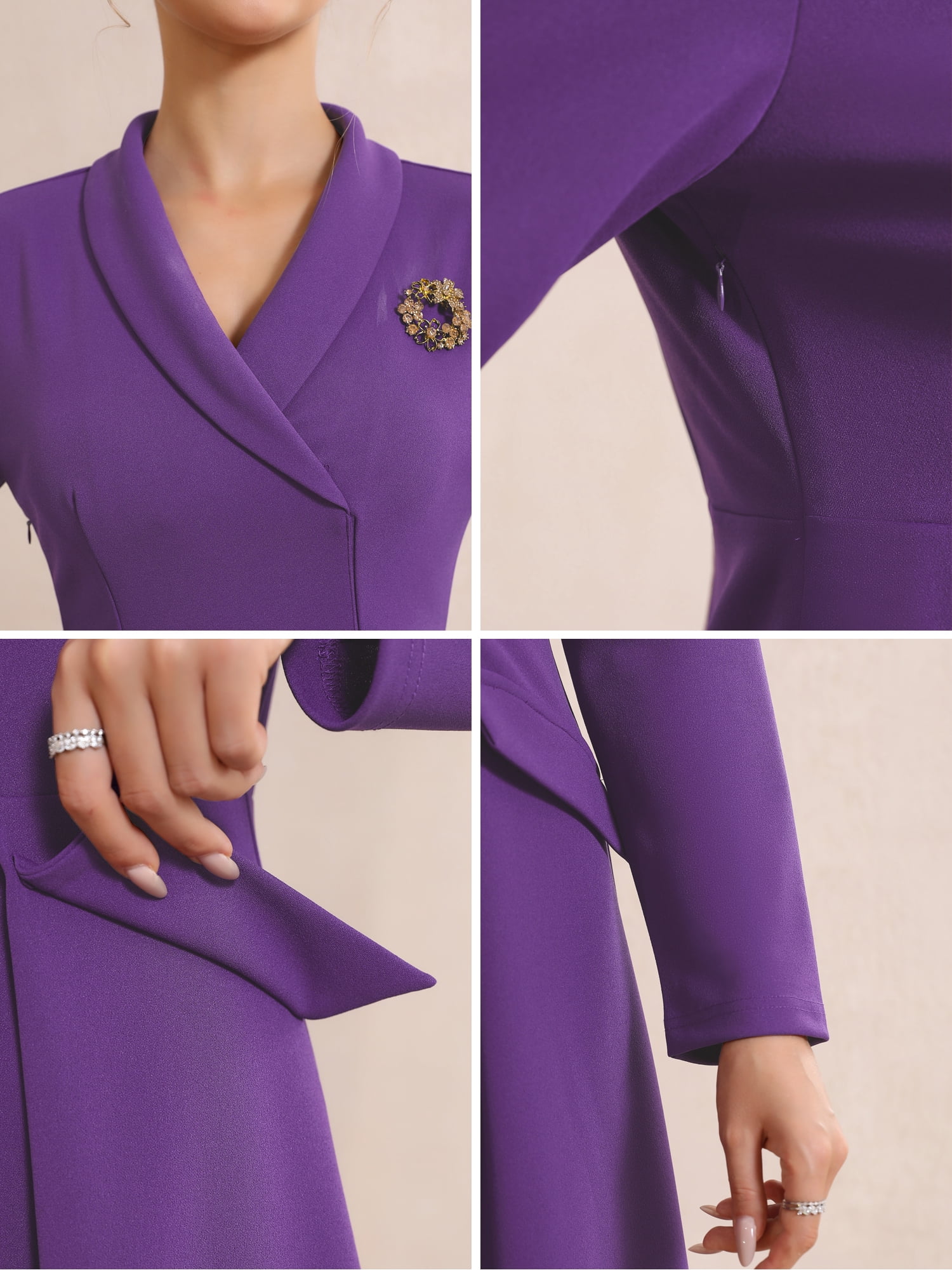 DARING DIVA Women's Collared V Neck Long Sleeve Blazer Dresses with Brooch S Purple