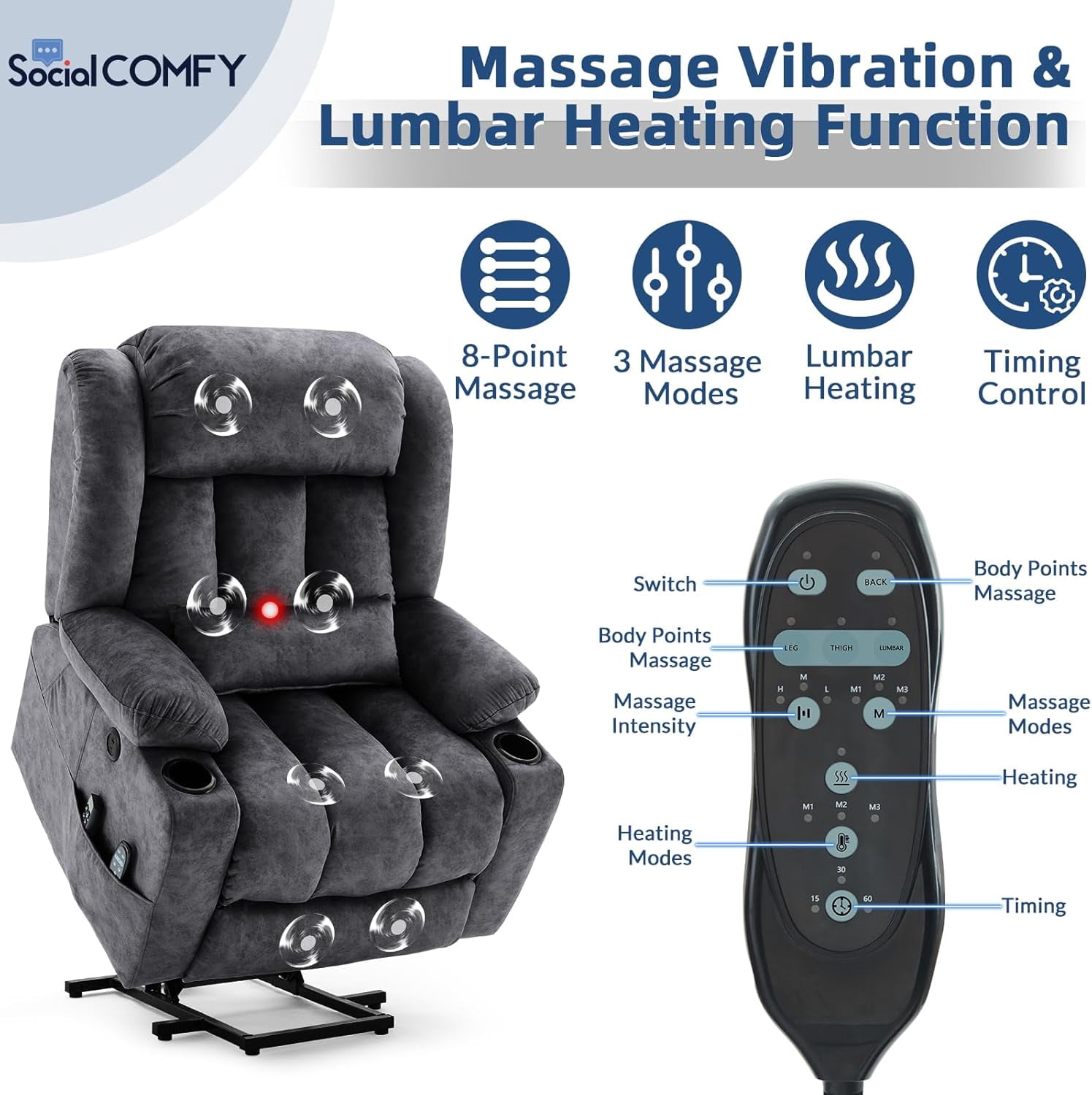 Large Dual Motor Lay Flat Power Lift Recliner Chair with Extended Footrest, Heat Massage, Oversized Electric Recliner for Big Tall Elderly, Lumbar Pillow, USB & Type-C Ports, Plush Gray