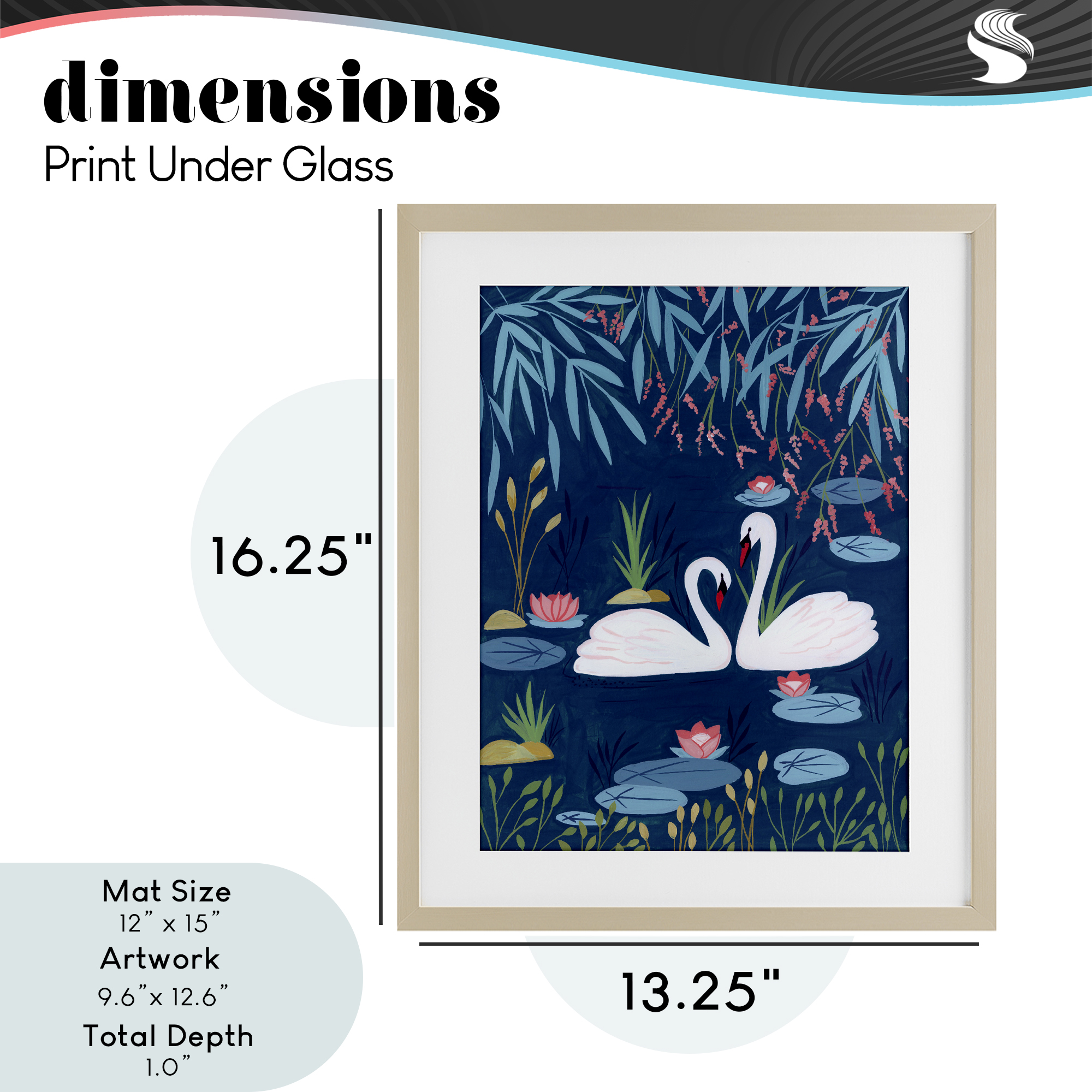 Swan Pair on Blue Pond Birch Framed Print Under Glass, design by Nabeela Rumi