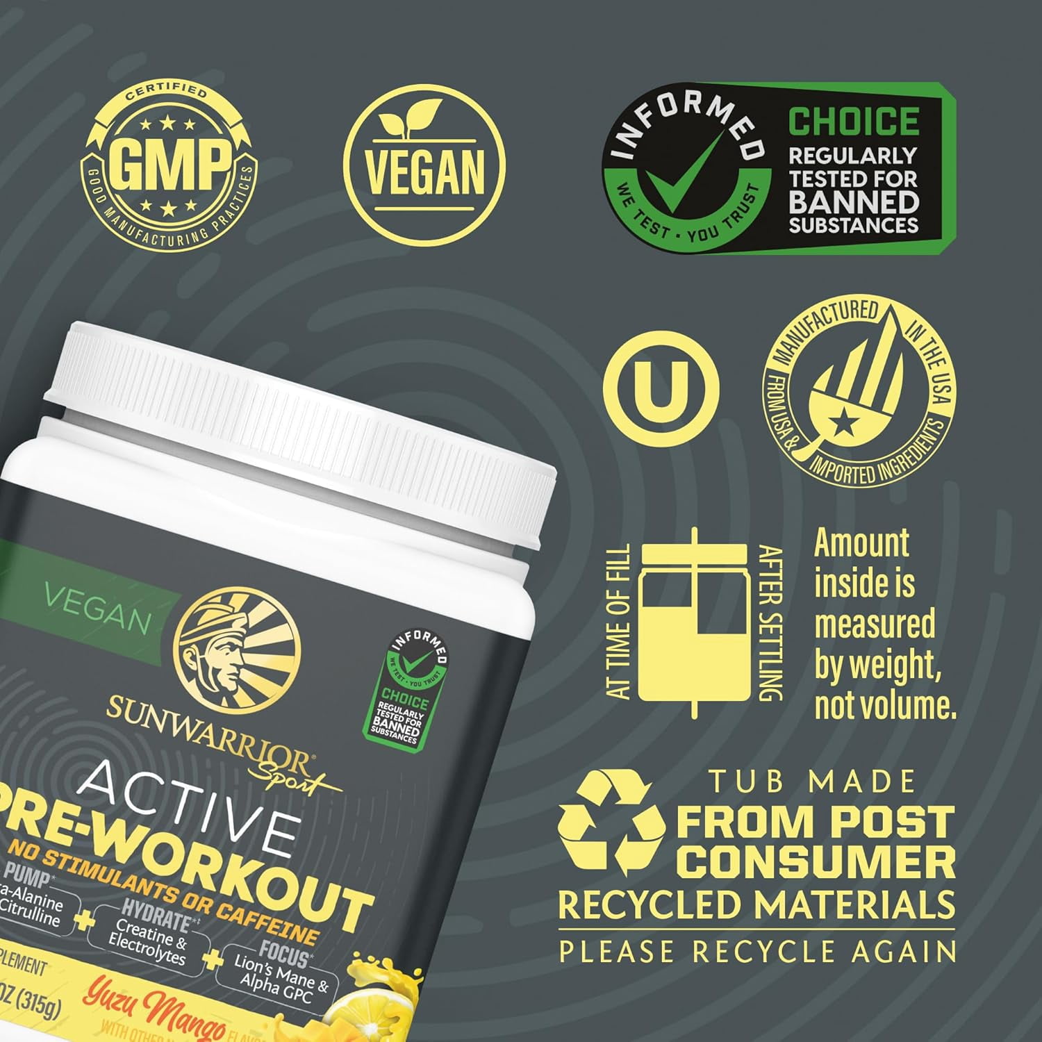 Sunwarrior Active Pre-Workout Powder for Men, Caffeine-Free, Yuzu Mango, 11.1 oz (30 Servings)