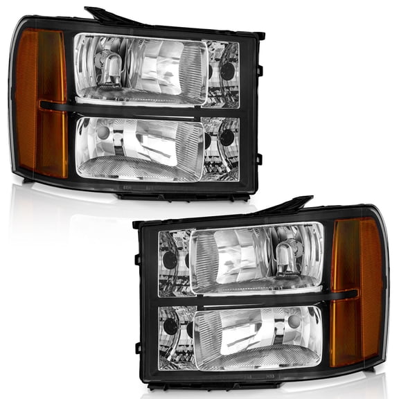 WEELMOTO Headlights for 2007-2013 Sierra Headlight for 07-13 GMC Sierra 1500/07-14 Sierra 2500 HD 3500 HD Headlamp Black Housing Amber Reflector L R wiring harness included