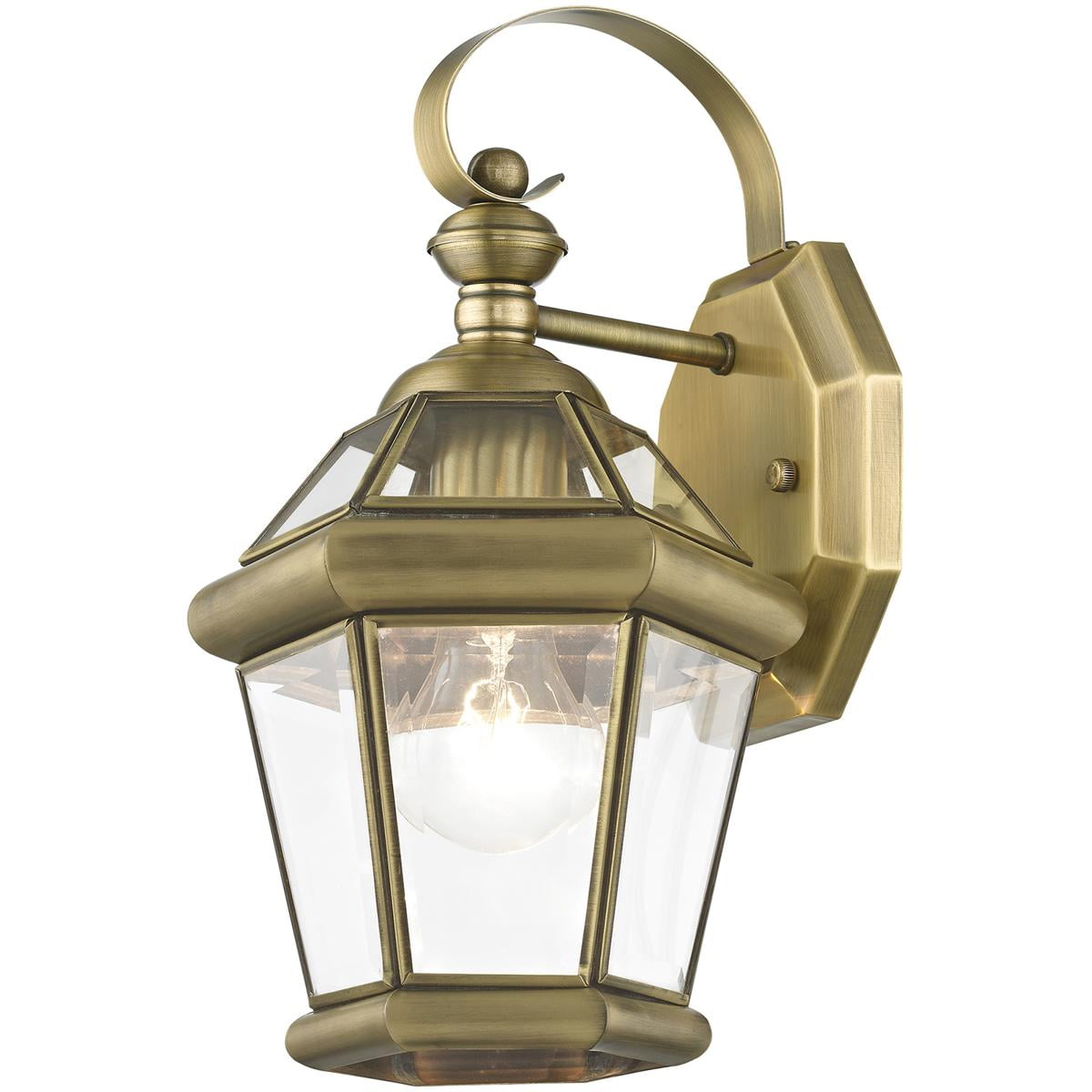 7 inch 1 Light Antique Brass Outdoor Wall Lantern Pendant Lighting Fixture with Clear Glass Panel Shade backed with Hand Crafted Solid Brass material for patio, front porch, entryway and more