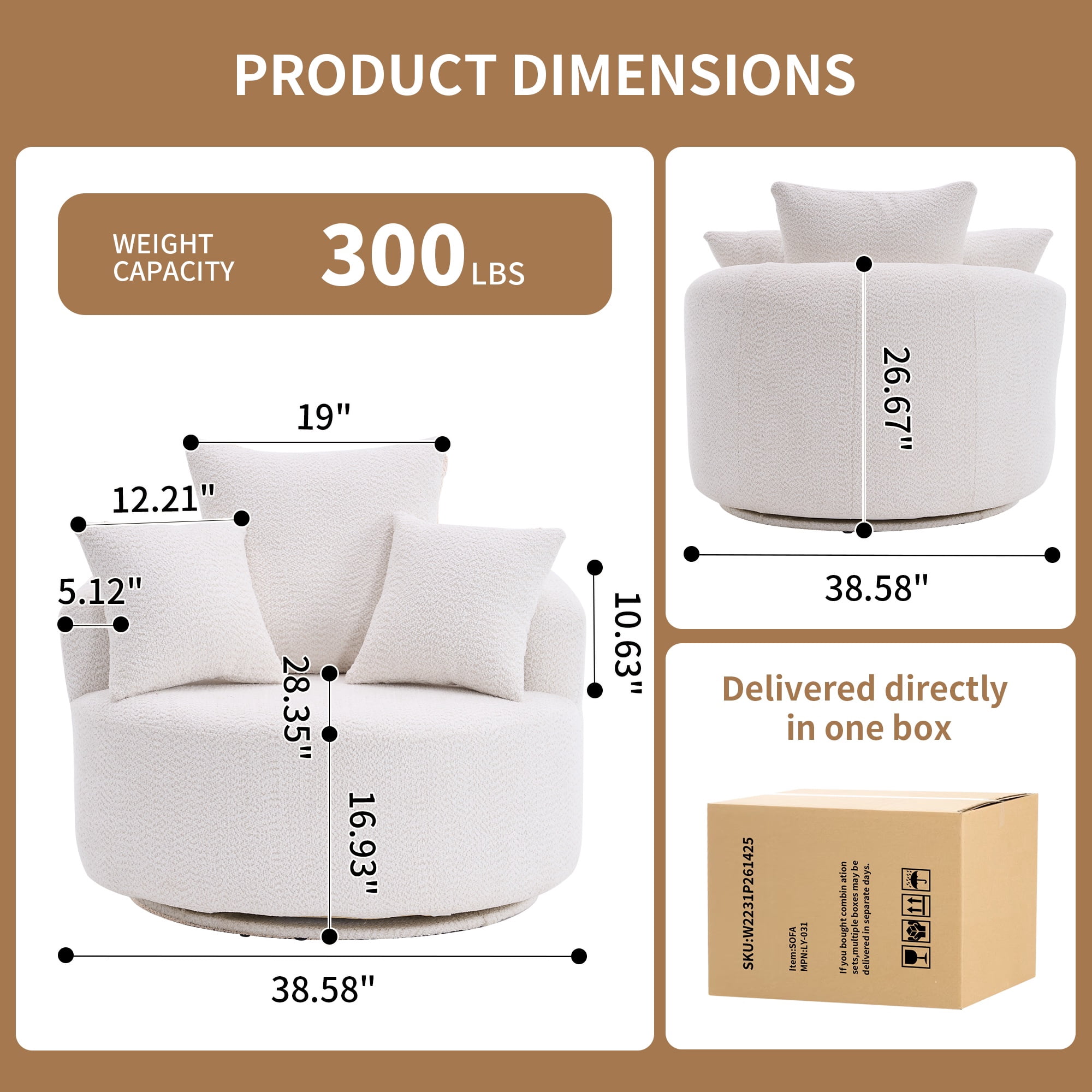 PORKISS Oversized Swivel Accent Chair Barrel Chair, Crochet Yarn Upholstered Armchair with 3 Pillows, Round Armchair Leisure Sofa Chair for Living Room Office Lounge Hotel, White
