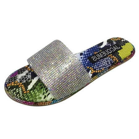 

KIJBLAE Women s Summer Beach Sandals Bling Rhinestone Open Toe Slip on Flat Sandals Snake Pattern Sandals Ladies Shoes Multicolor 40