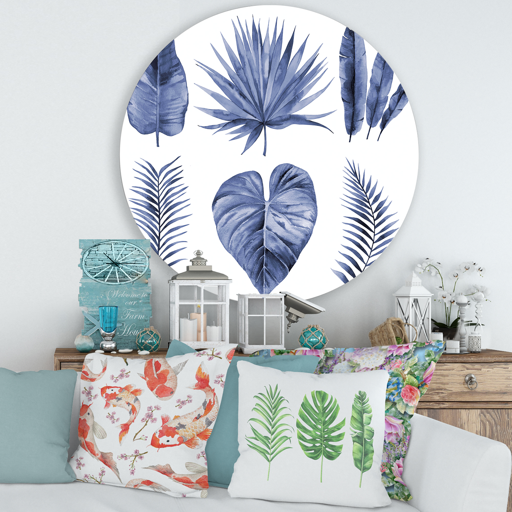 Designart 'Blue Watercolour Tropical Leaves IV' Traditional Circle Metal Wall Art 29x29 - Disc of 29