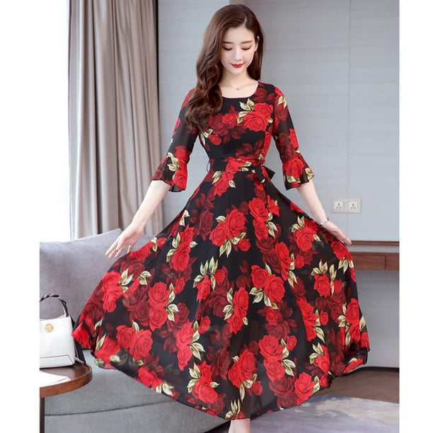 Women Summer Long Dress Fashion Flower Printing Pagoda Half Sleeve Slim  Waist A-line Bohemia Dress Color:red Size:XXL 