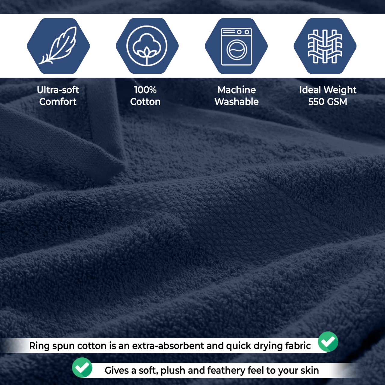KAHAF COLLECTION 6 Piece Towel Set Navy Blue – 100% Ringspun Cotton Soft & Highly Absorbent–Includes 2 Bath Towels, 2 Hand Towels & 2 Washcloths – Quick Dry, Durable and Luxurious Bathroom Essentials