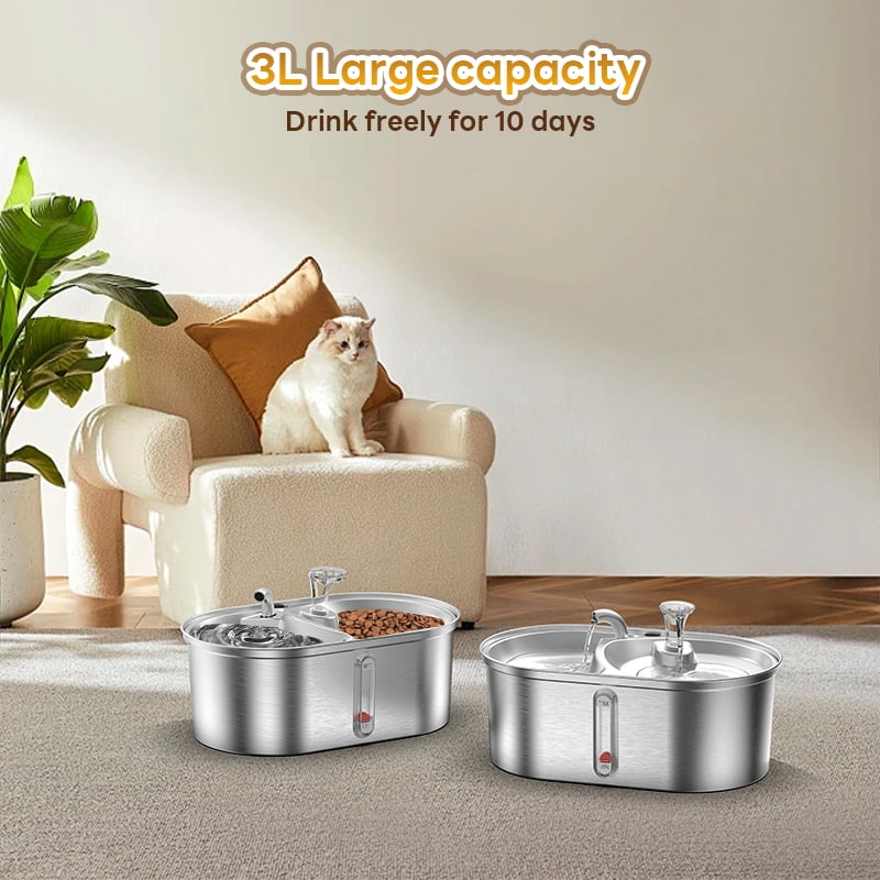 Cat Water Fountain Food Bowl Stainless Steel 2 in 1, 101oz/3L Automatic Pet Water Fountain, Dog Water Dispenser with Smart Pump 2 Filters for Cats, Dogs, Multiple Pets