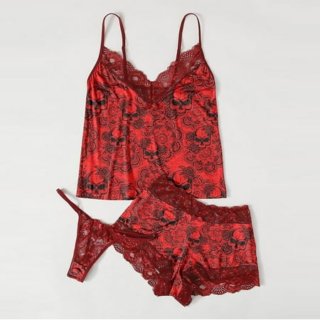 

Leesechin Lingerie for Women Clearance Exquisite Lace Bra+Short+Briefs Set Skull Print Sleepwear