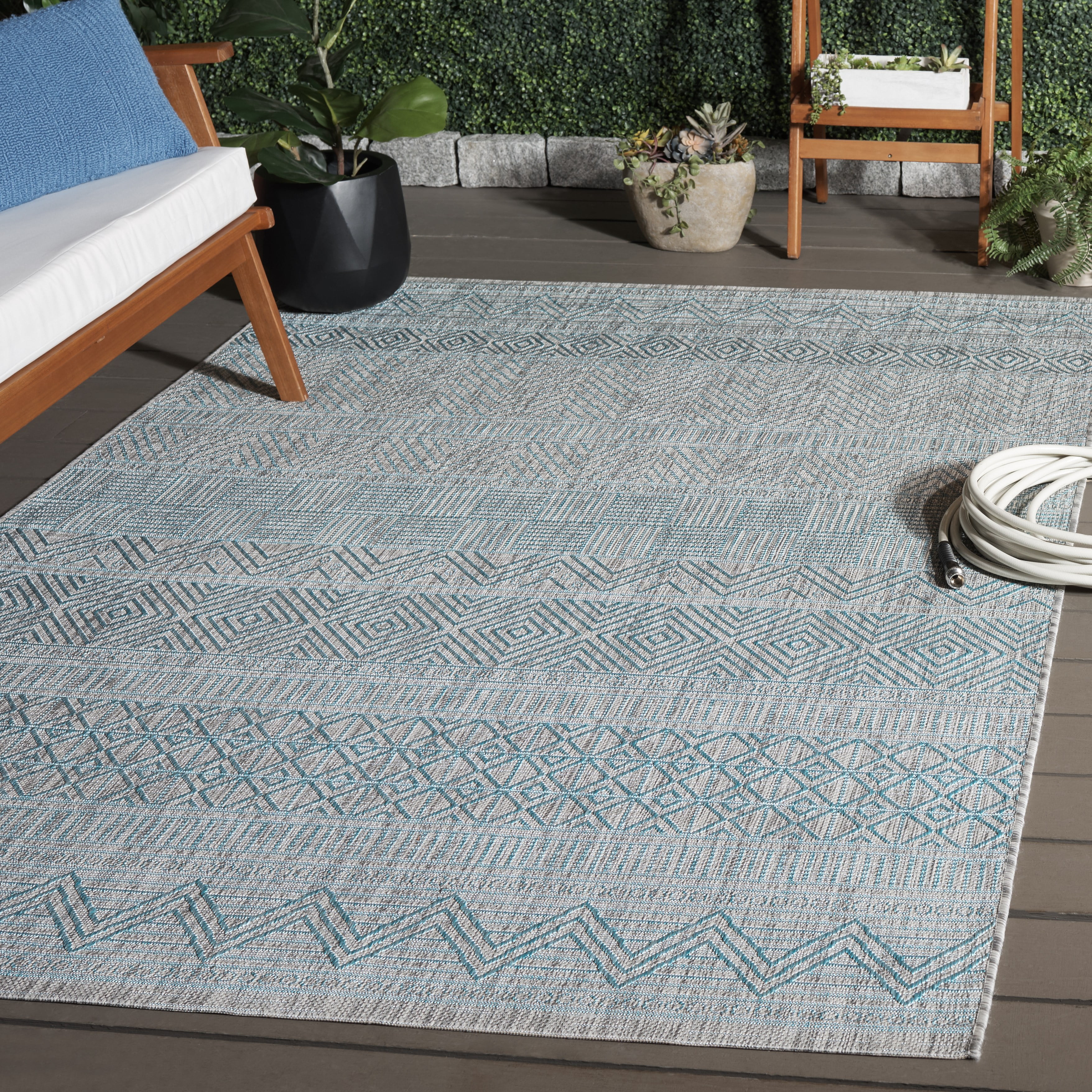 SAFAVIEH Courtyard Altan Geometric Indoor/Outdoor Area Rug, Light Grey/Aqua, 6'7" x 6'7" Square