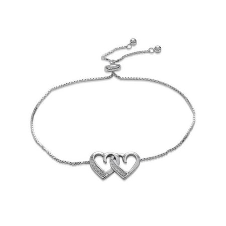 Double Heart Bracelet - Sterling Silver Rhodium Plated Double Glitter Heart Bolo Bracelet 10 Inches