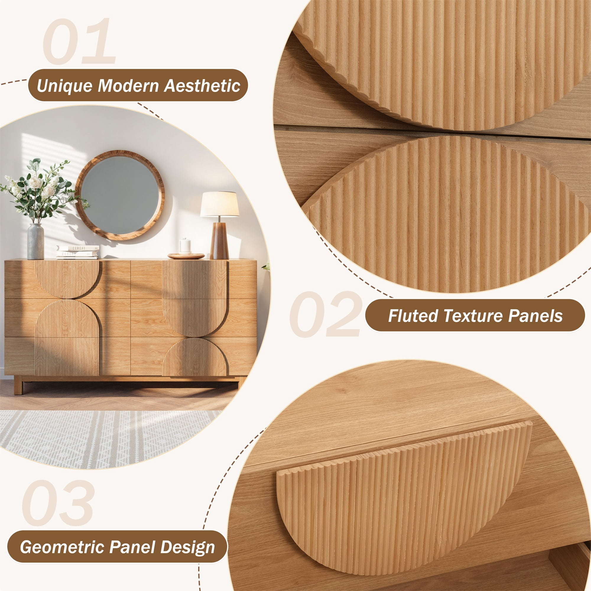 Alvantor 6 Drawer Dresser, 60" Wide Wooden Chest of Drawers, Fluted Dresser for Bedroom,Living Room, Hallway Natural