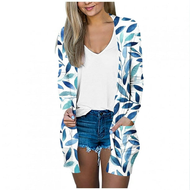 Mujeres de Manga Larga Tops de Impresión Casual Blusa de Bolsillo Cardigan Algodón Poliéster, Moda Señoras Top para el Uso Diario Y Casual de Primavera