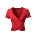 thumbnail image 2 of A2Y Women's Deep V-Neck Short Sleeve Unique Slim Fit Cross Wrap Shirt Crop Tops Red S, 2 of 6