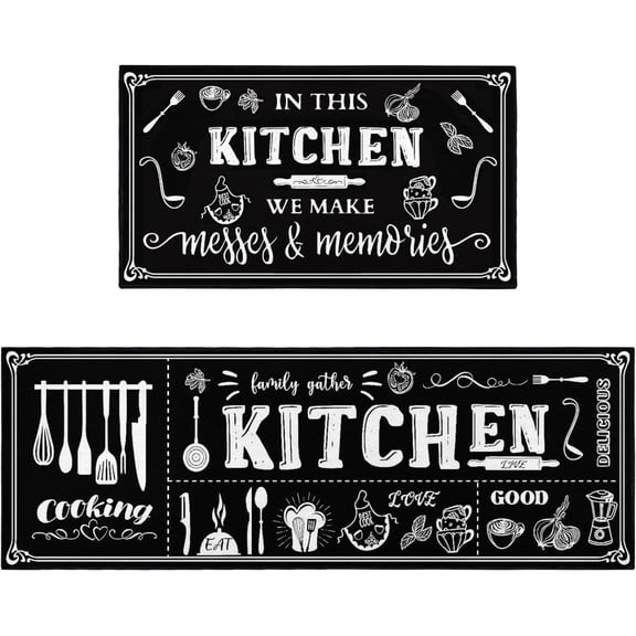 Black and White Kitchen Rugs Sets of 2 Non Slip Washable Kitchen Mats for Floor 2 Piece Black Kitchen Rug Mat Set Decor