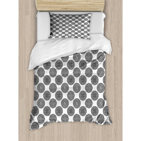 Abstract Duvet Cover Set Twin Size, Continuous Monochrome Pattern with Creative Maze Ornate Rounds Print, Decorative 2 Piece Bedding Set with 1 Pillow Sham, Charcoal Grey and White, by Ambesonne