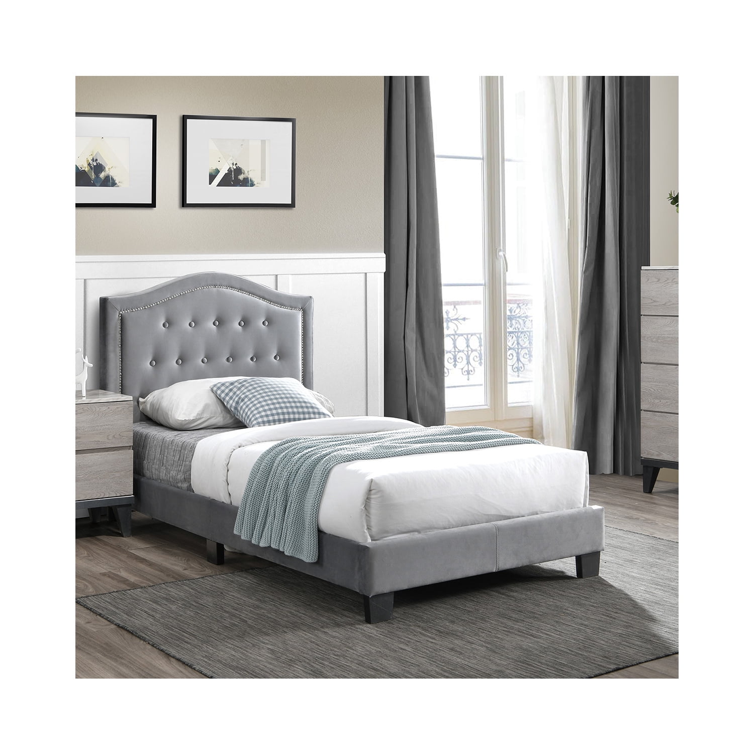 Poundex Twin Velvet Fabric Upholstered Bed Frame with Slats in