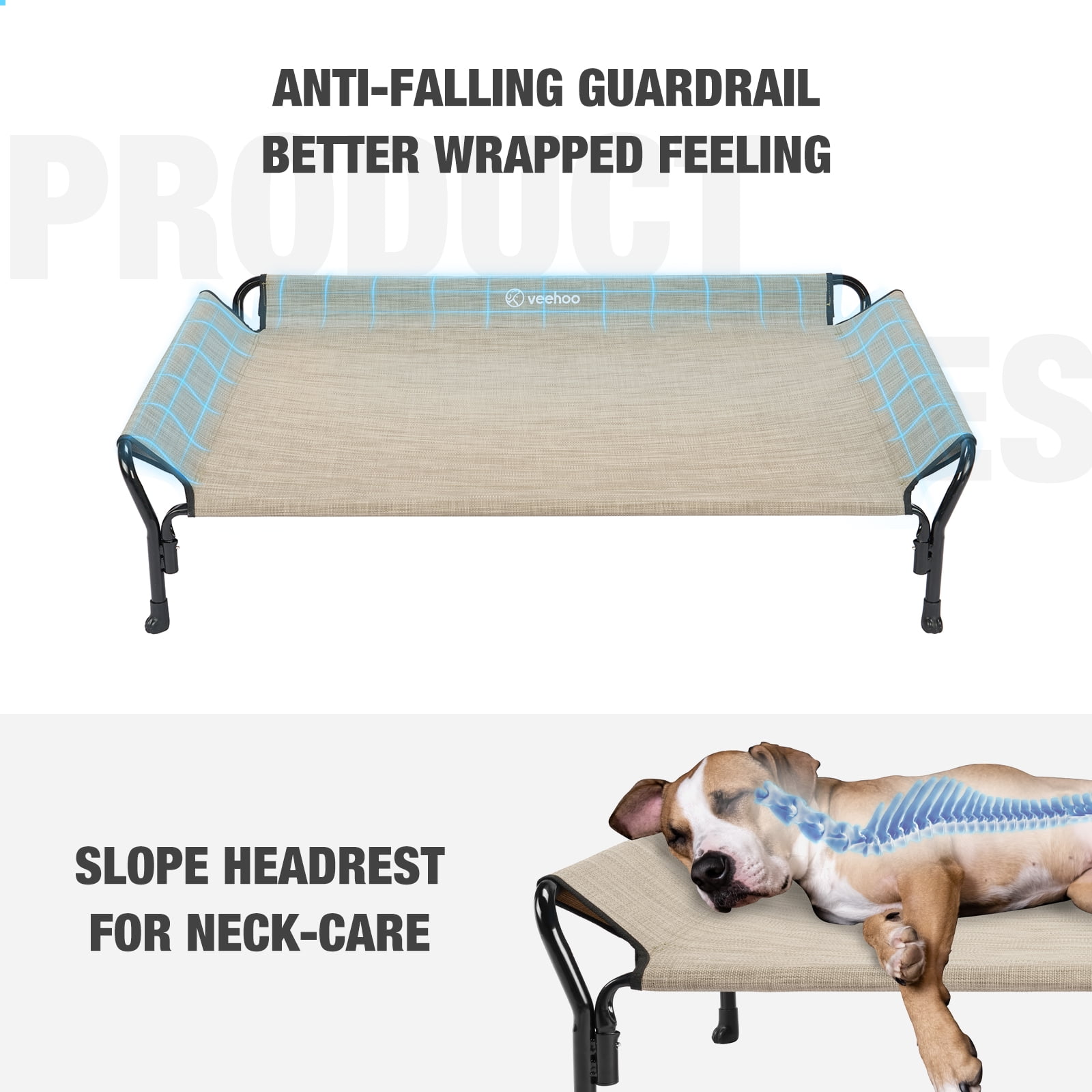 Veehoo Cooling Elevated Dog Bed with Guardrail & Slope Headrest, Teslin Mesh, Large, Beige Coffee