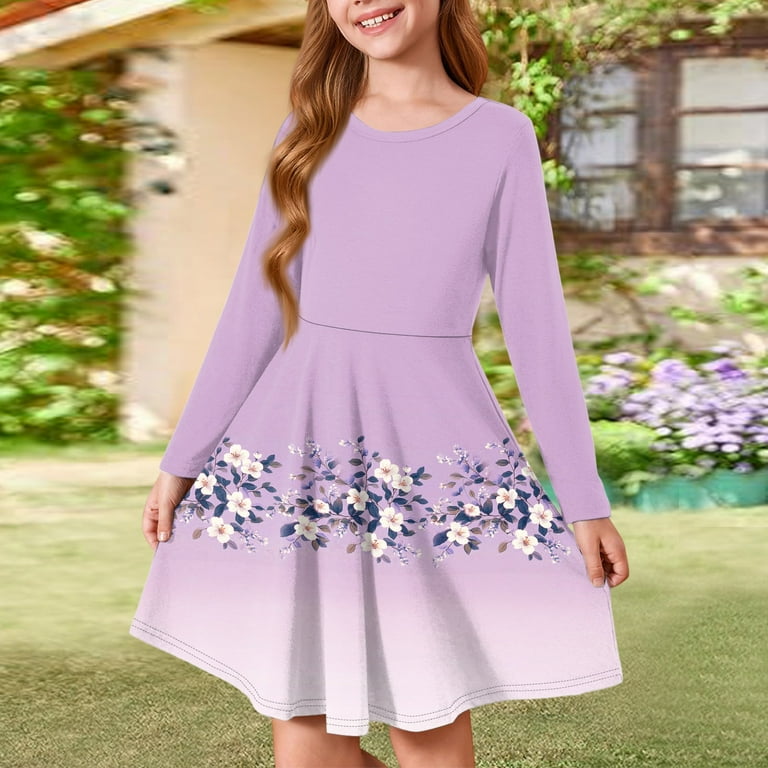ADSSDQ Girls Long Sleeve Skater Dress Kids Casual Crewneck A-Line