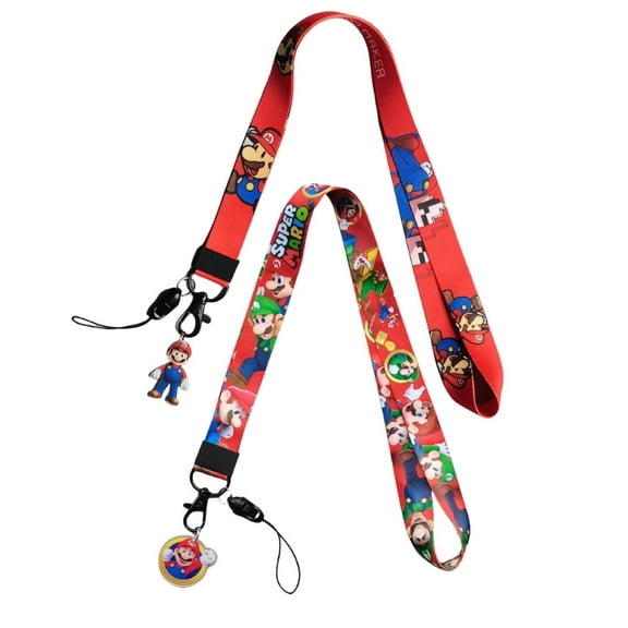 2Pcs Mario Cartoon Badge Keychain Lanyard ,ID Badge Holder, Cell Phone and Charms Neck Strap.