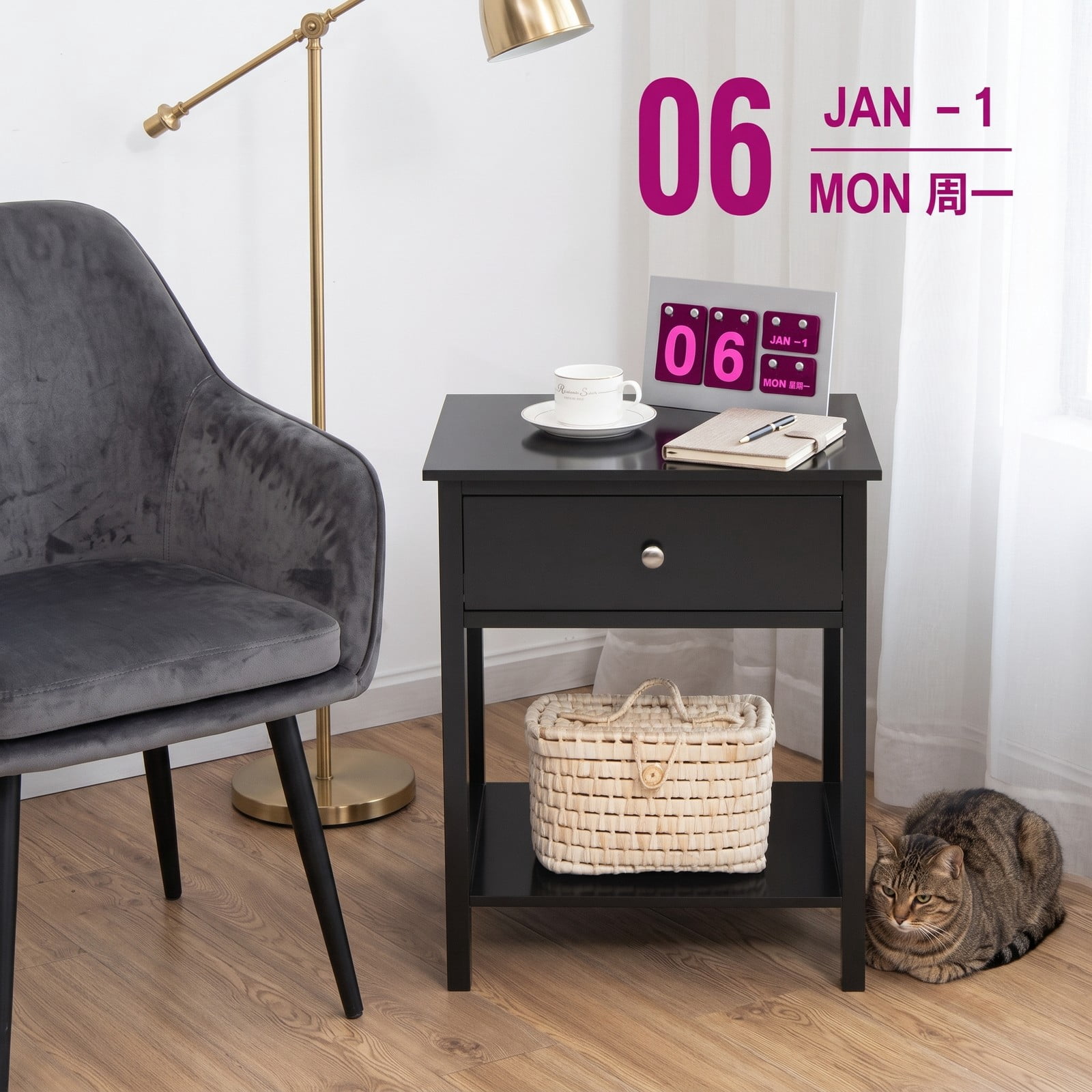 Furnibear Wooden Nightstand with Drawer and Open Bottom Shelf Bedside Table for the Bedroom Living Room and Entryway, Black