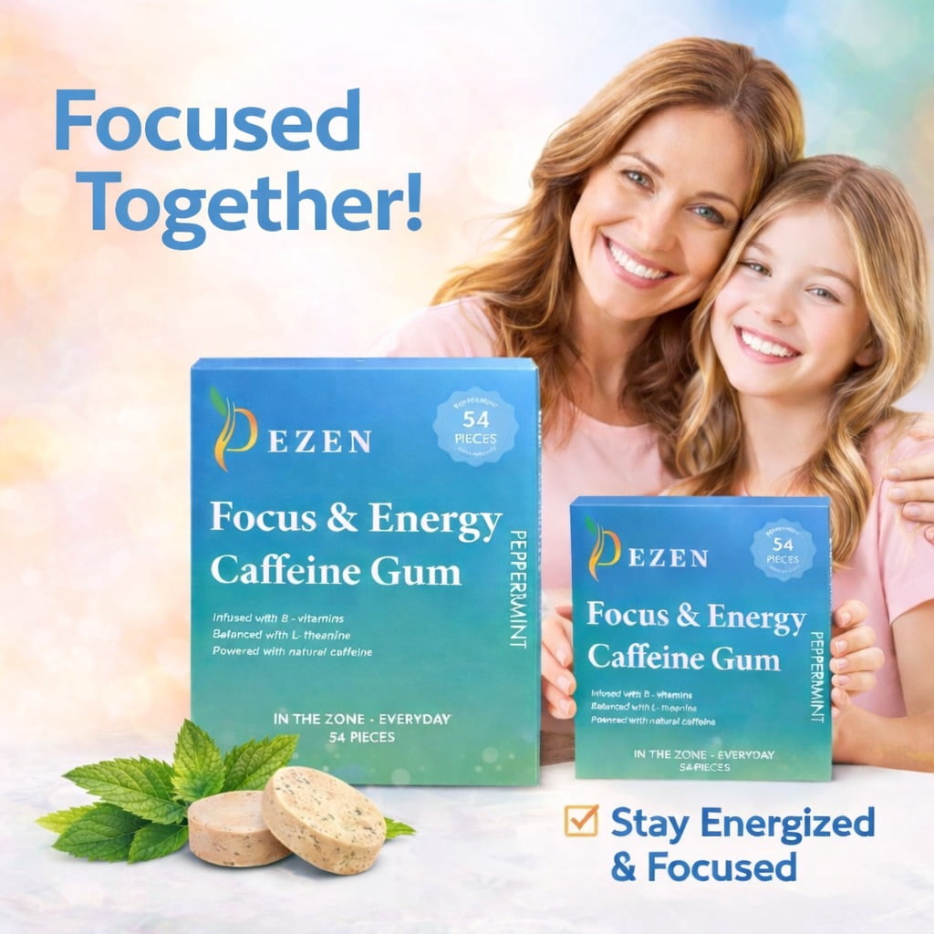 DEZEN Focus & Energy Caffeine Gum with L-Theanine, Caffeine, Vitamin B12 & B6, Peppermint Flavor, Coffee Replacement, Pack 3