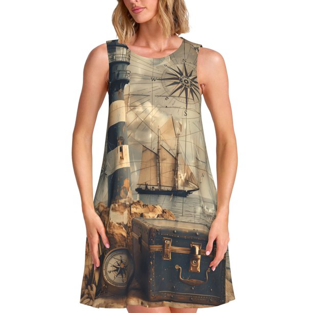 Disketp Vintage Nautical Lighthouse para Vestido sin Mangas para Mujeres, Vestidos de Verano para Mujeres, Casual y Holgado para la Playa