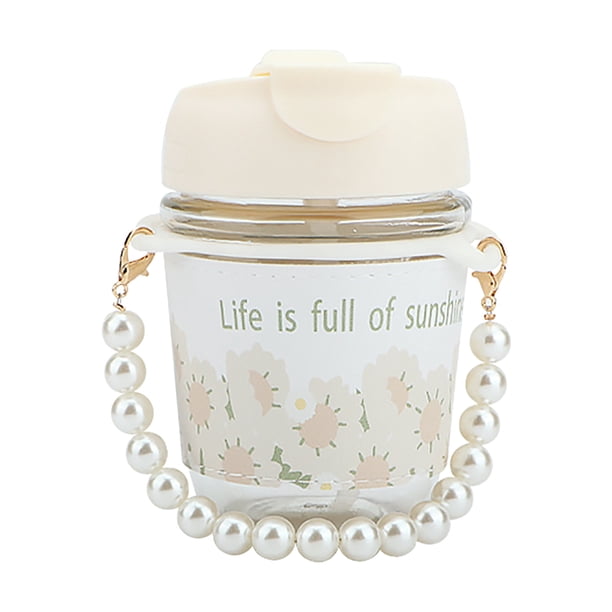 Tazas, Tazas con Tapa, Tazas de Café Helado con Tapa, Vaso de Agua con Cadena de Perlas de Alta Belleza, Vaso de Agua de Vidrio, Vaso Pequeño con Pajita, Portátil y Fresco, Vaso portátil