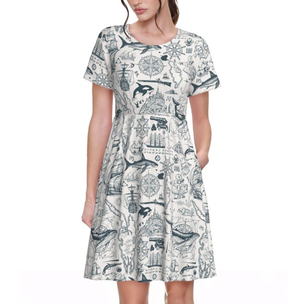 Disketp Vintage Sailboats para Vestido de Manga Corta para Mujeres, Vestidos de Verano para Mujeres, Casual y Holgado para la Playa