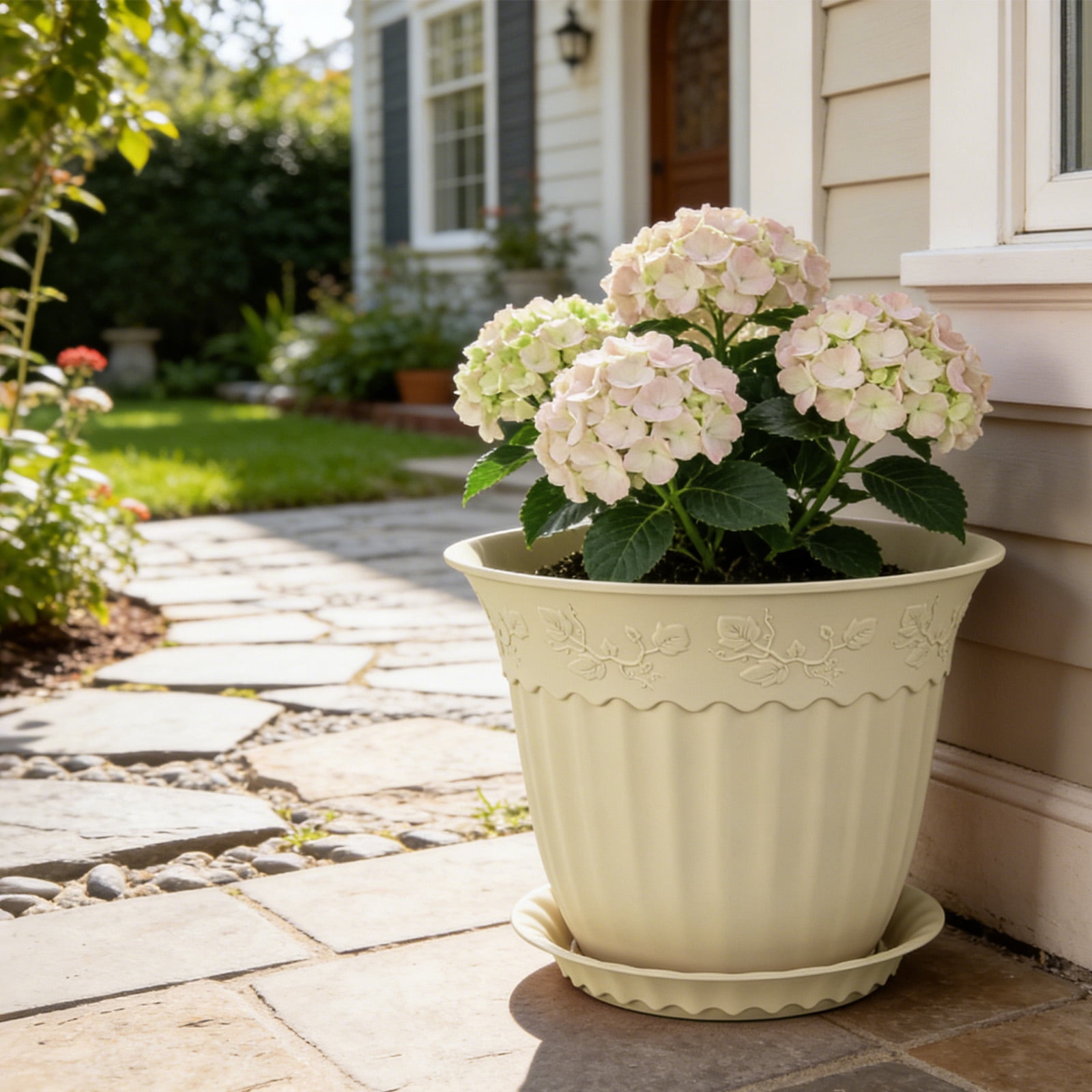 FIASON 6 Pack 8 Inch Beige Embossed Plastic Plant Pots, Vine Pattern Flower Planters with Drainage Holes and Saucers, Indoor Outdoor Decorative Plant Pots
