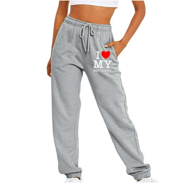 zanvin I Love My Boyfriend Sweatpants for Women Casual Workout Trousers  Juniors Track Cuff Pants Trendy Graphic Track Pant,Gray,M 