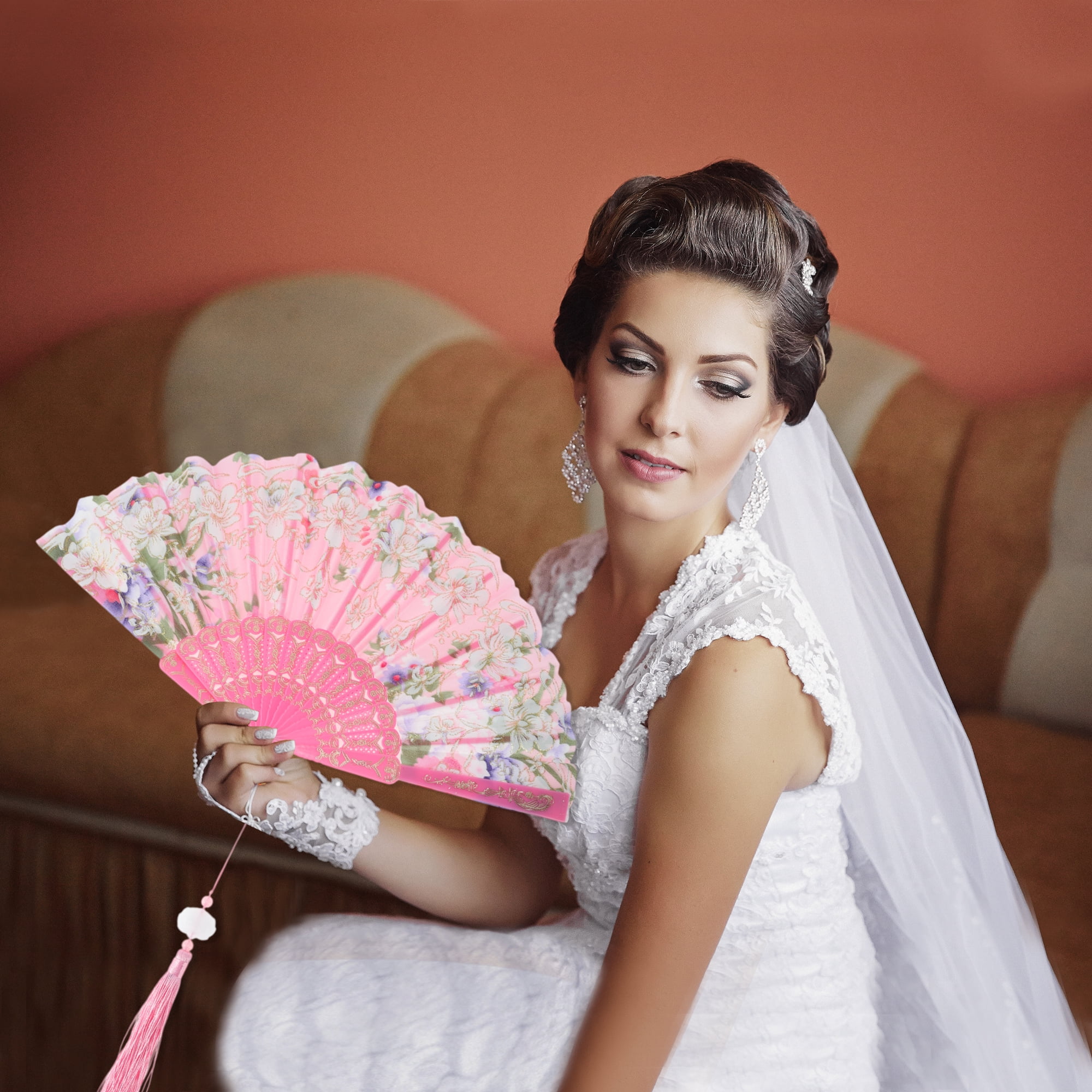 Unique Bargains Floral With Tassel Folding Fan 1Pc Pink