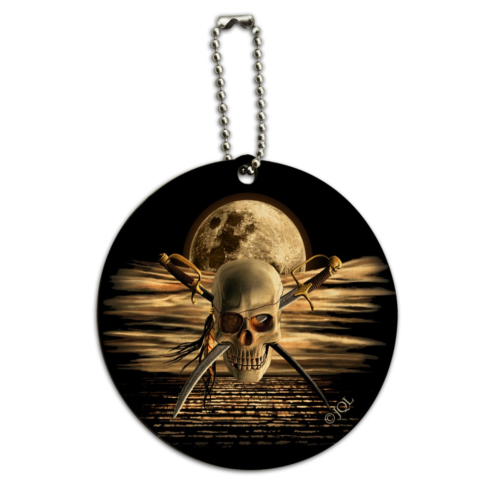 Pirate Skull Crossed Swords Cutlasses Ocean Moon Round Wood Luggage