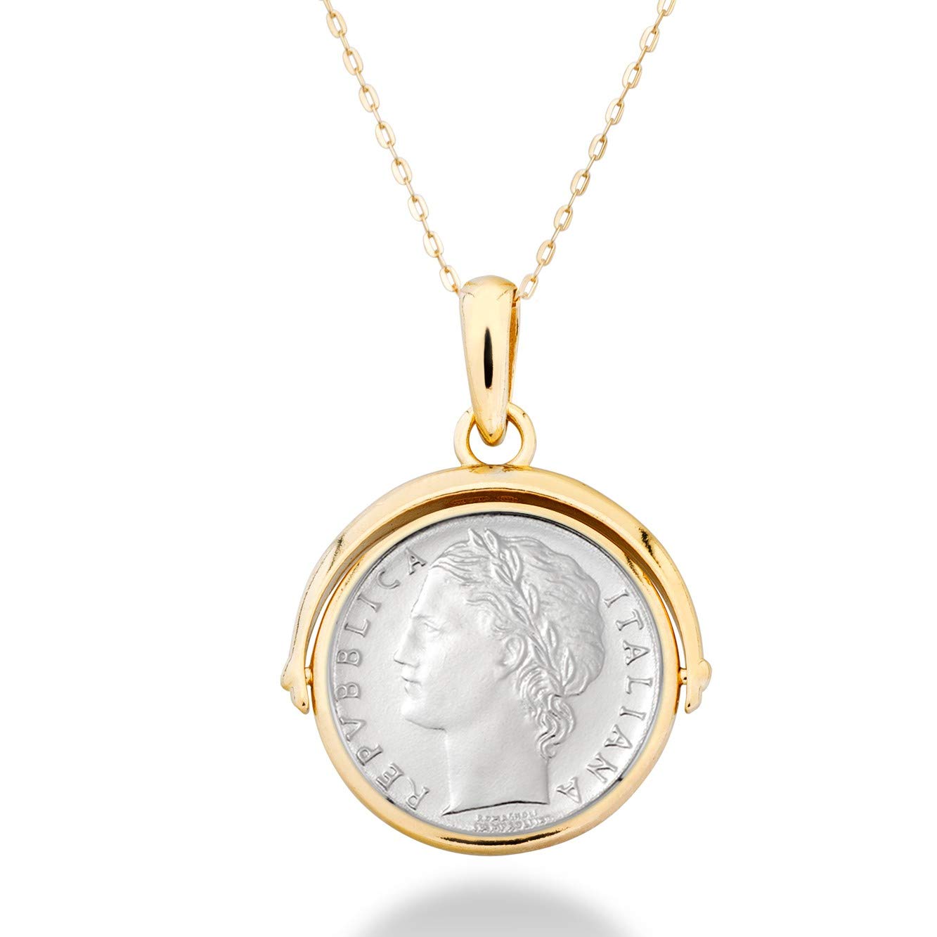 Miabella 18K Gold over Sterling Silver Italian Genuine Reversible Flip 100 Lira Coin Pendant with Adjustable Chain Necklace, Medallion Made in Italy
