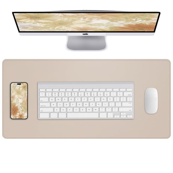 Large desk pad mat 23.6x13.7 inches, waterproof mouse pad and desk protector, non slip PU leather for gaming keyboard and mouse, ergonomic support, office workspace essential, beige