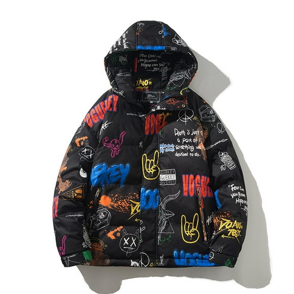Graffiti Printed Out Down Cotton Jacket Hooded Quilted Jacket for Men Winter