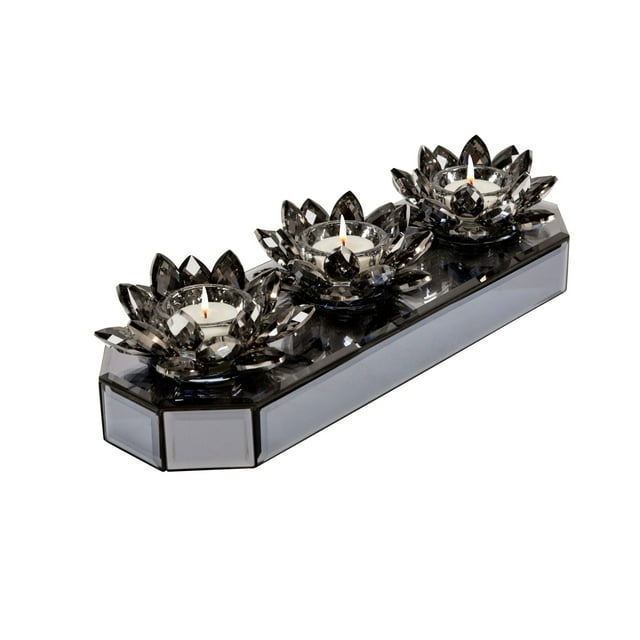 Porte-bougie en Verre 13" 3 LOTUS, Noir