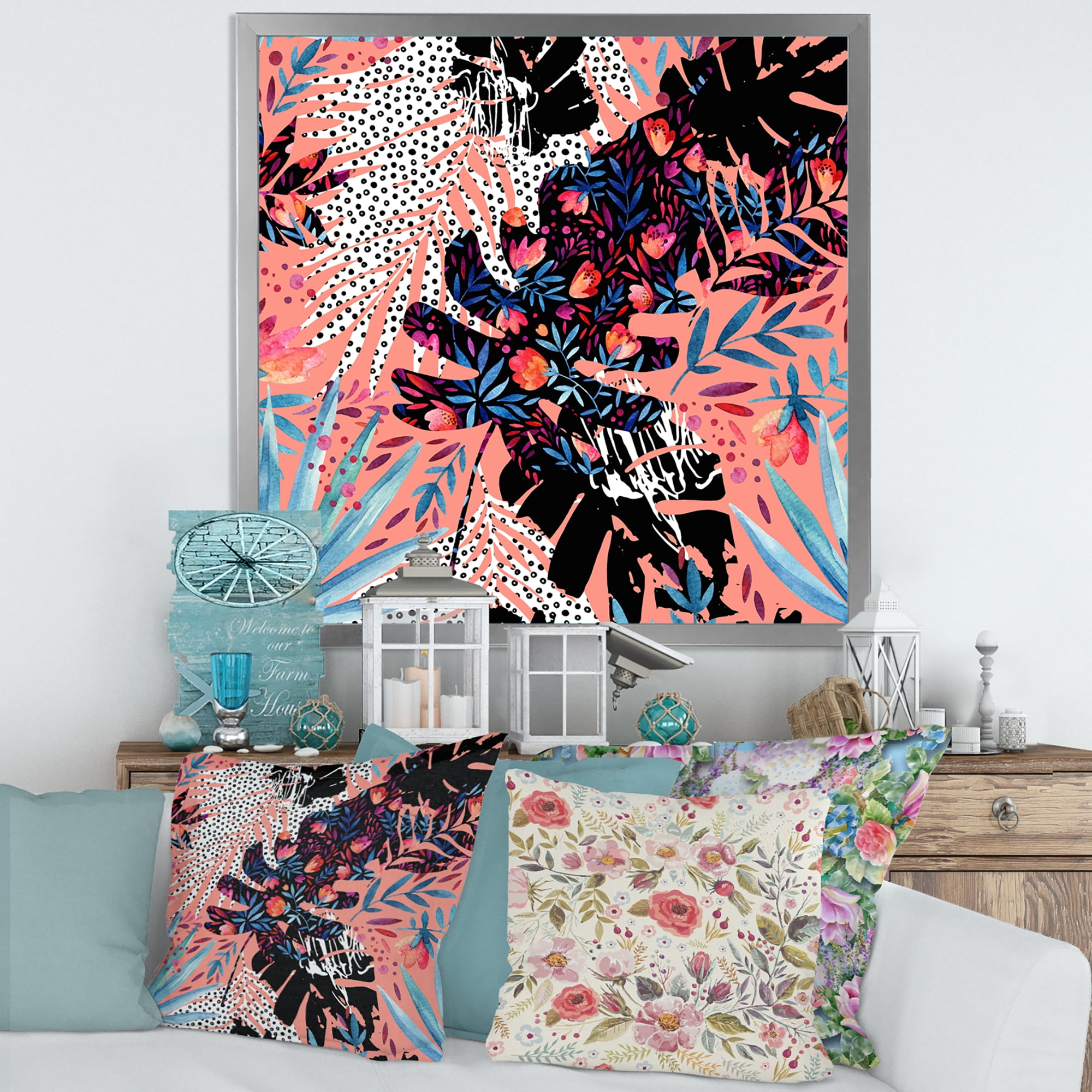 Designart 'Abstract Tropical Floral Patchwork II' Tropical Framed Art Print