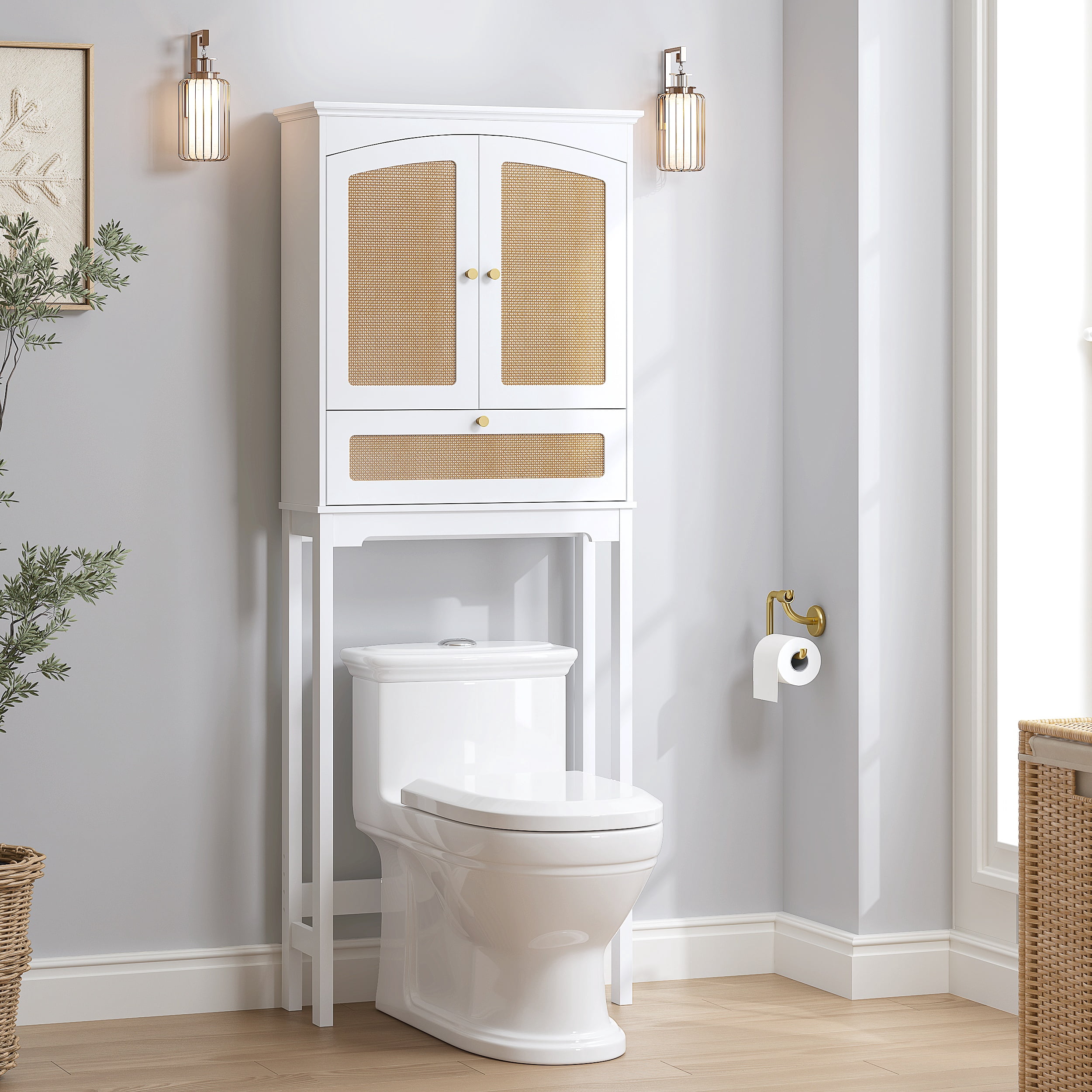 STAROUS Rattan Over Toilet Cabinet:  Bathroom Storage with Tilt-Out Cube & Adjustable Shelf