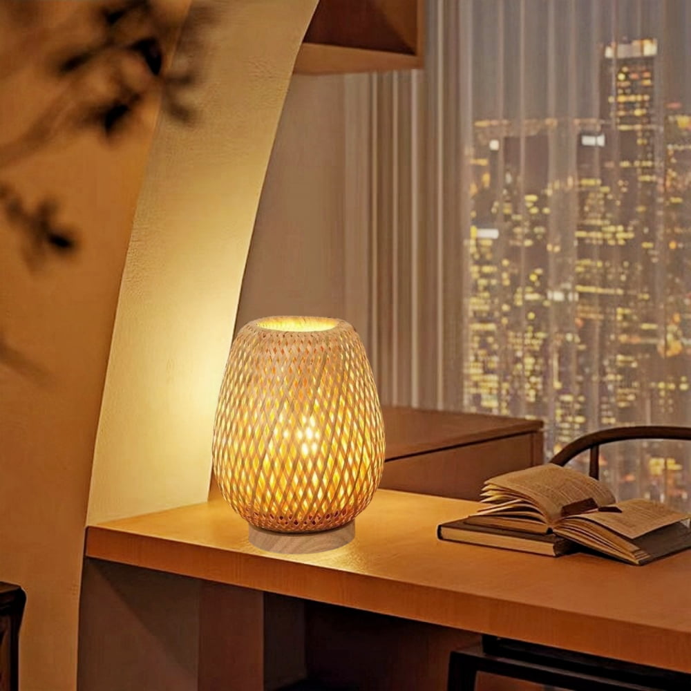 MEHOOM Rattan Table Lamp for Bedroom, Dimmable Unique Bedside Lamp, Farmhouse Desk Lamp for Bedroom, Living Room, Boho Rustic Decor (Natrue Bamboo)