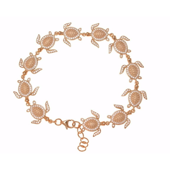 925 sterling silver pink rose gold plated solid Hawaiian sea turtle link bracelet cz 7.5"